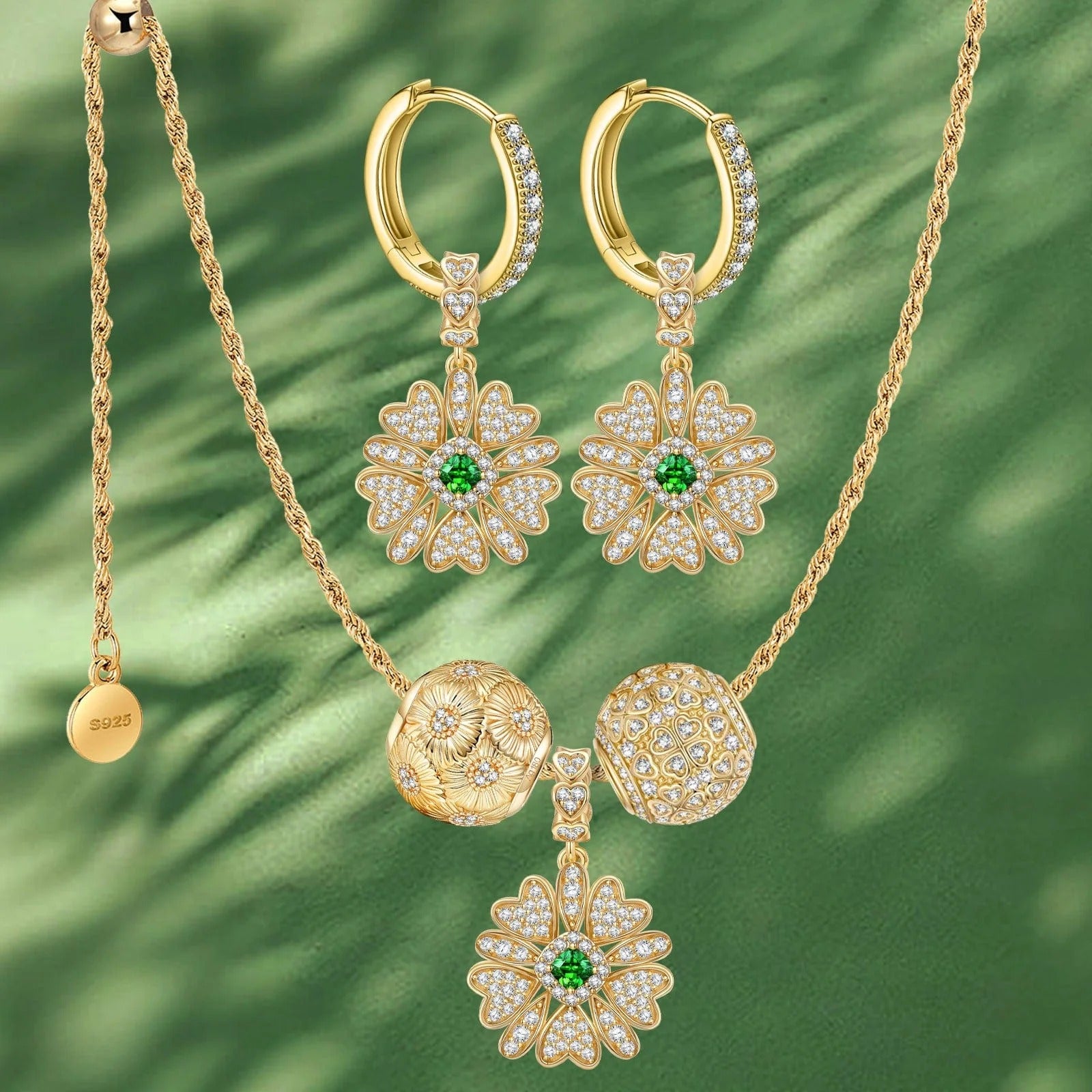 Sterling Silver Adjustable Rope Chain Blossoming Brilliance Charms Necklace & Earrings Set – 14K Gold Plated