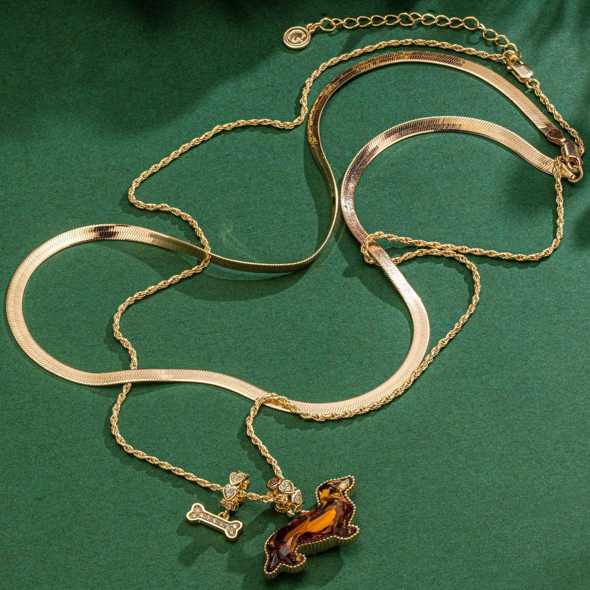 Sterling Silver Puppy Parade Charms Necklace Set with Crystal from Swarovski – 14K Gold Plated