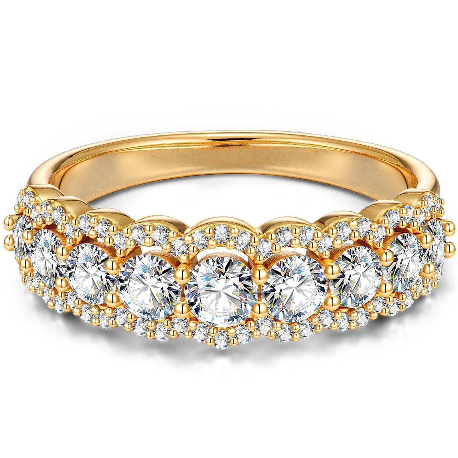 Round Brilliant Cut Vivid Violet Lab-Certified Purple Sapphire Half Eternity Ring – 14K Yellow Gold Plated
