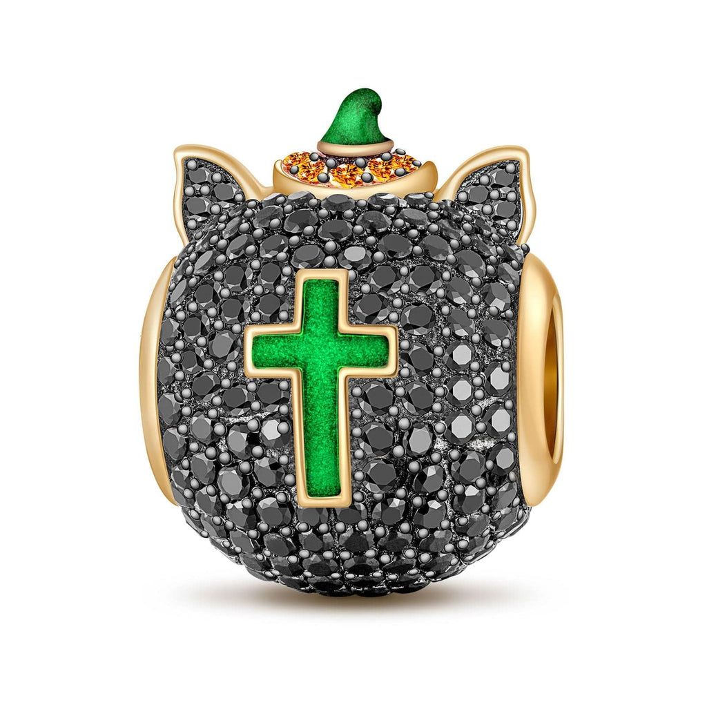 Luminous Halloween Black Cat Tarnish-Resistant Silver Charms With Enamel In 14K Gold Plated
