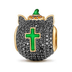 Luminous Halloween Black Cat Tarnish-Resistant Silver Charms With Enamel In 14K Gold Plated