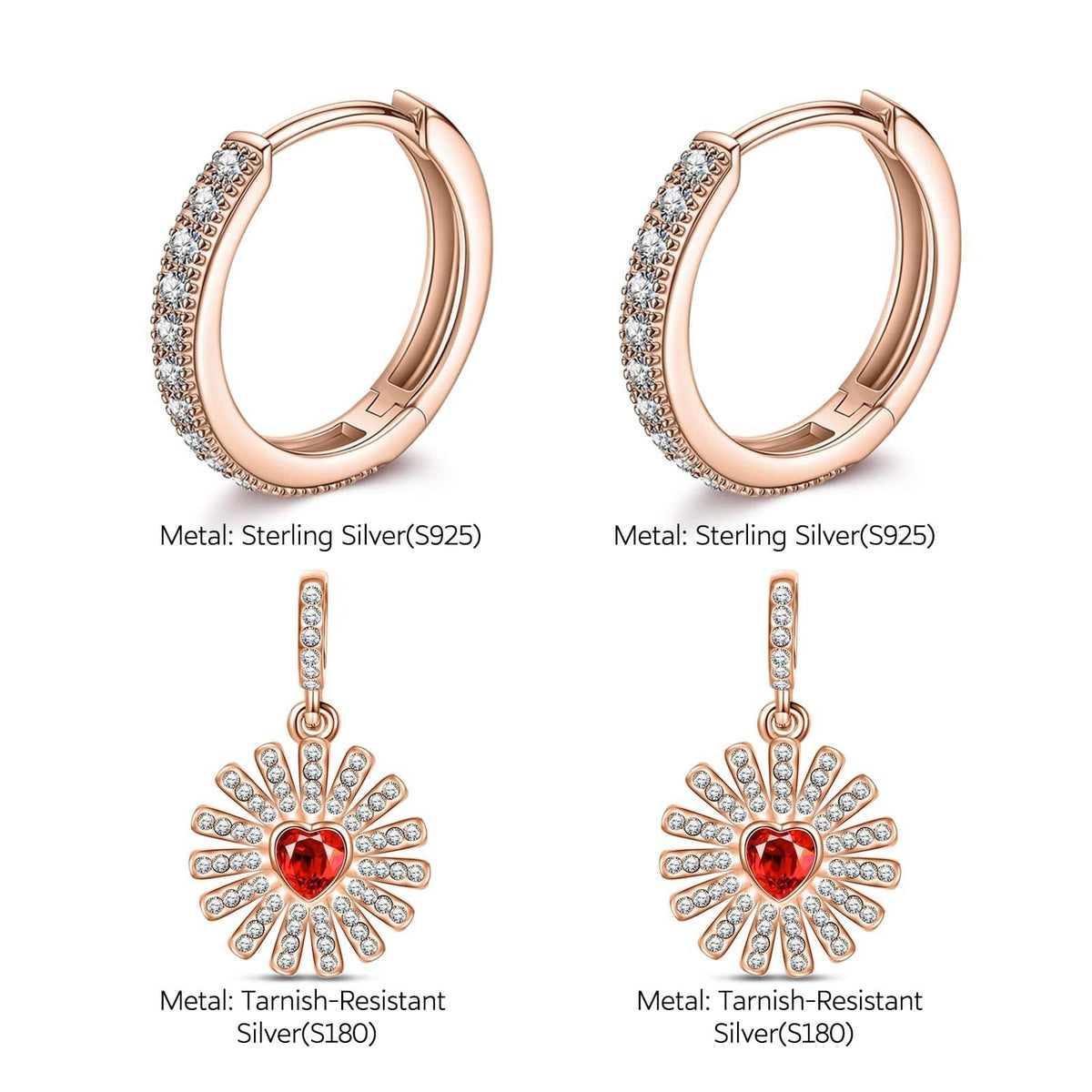 Sterling Silver Gerbera Charms Earrings Set In Rose Gold Plated