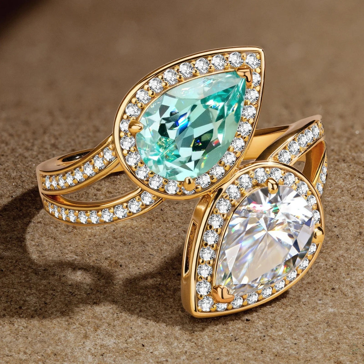2.20ct Pear Brilliant Cut Lab-Certified Paraiba Tourmaline & Cubic Zirconia Two Stone Classic Engagement Ring – 14K Yellow Gold Plated