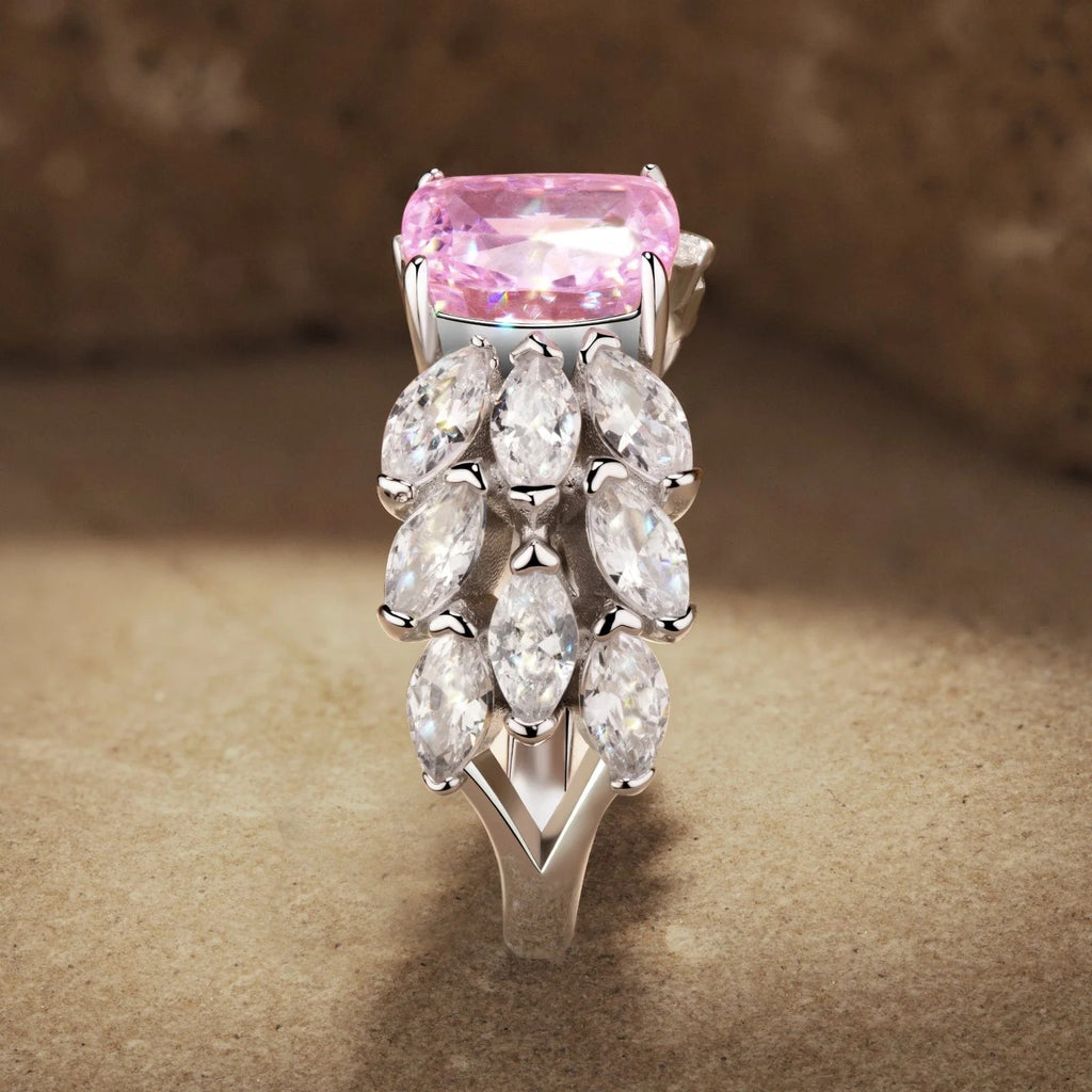 6×8mm Cushion Modified Brilliant Cut Fancy Vivid Pink Ice-Frosted Sparkle Lab Zircon Pavé Classic Engagement Ring – White Gold Plated