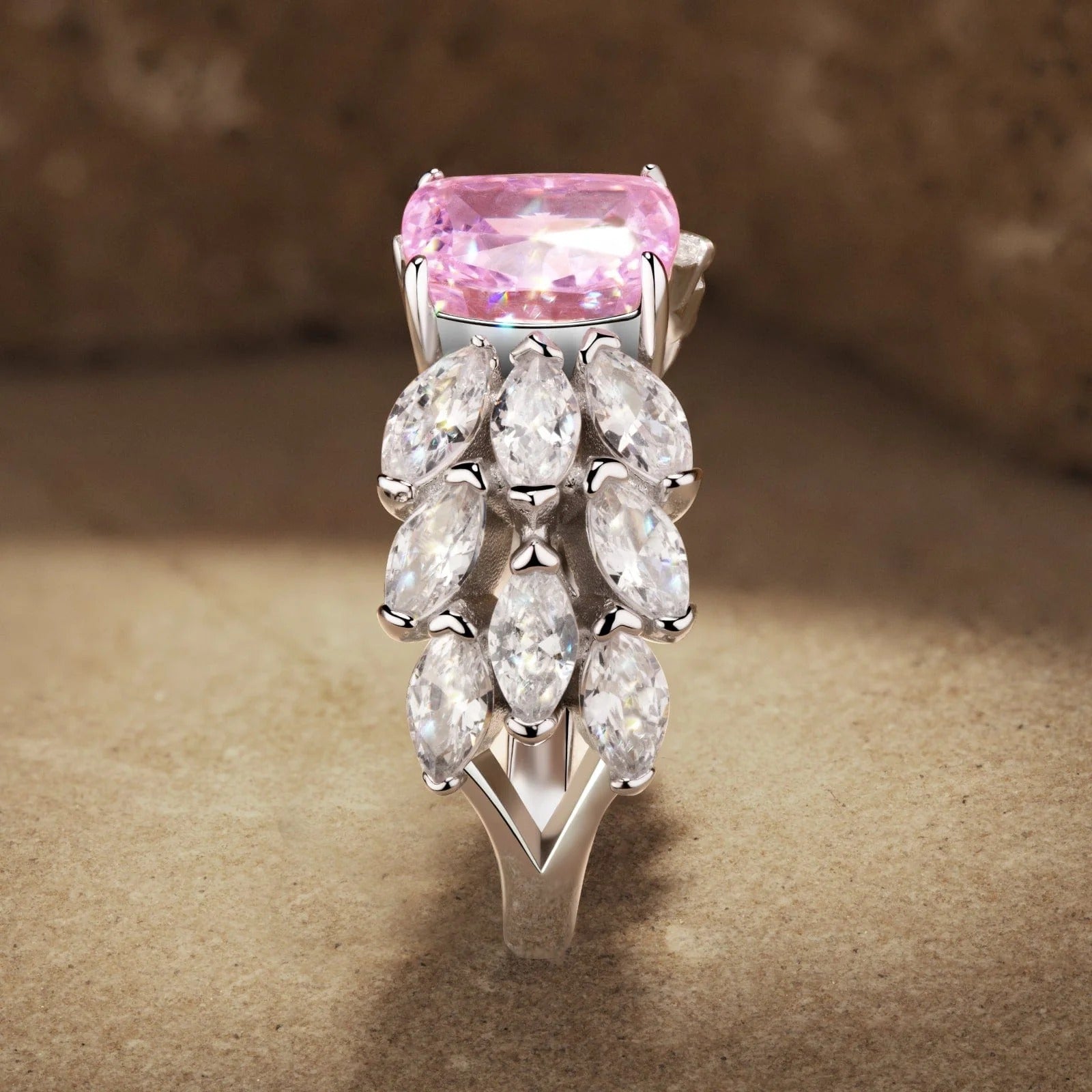 6×8mm Cushion Modified Brilliant Cut Fancy Vivid Pink Ice-Frosted Sparkle Lab Zircon Pavé Classic Engagement Ring – White Gold Plated