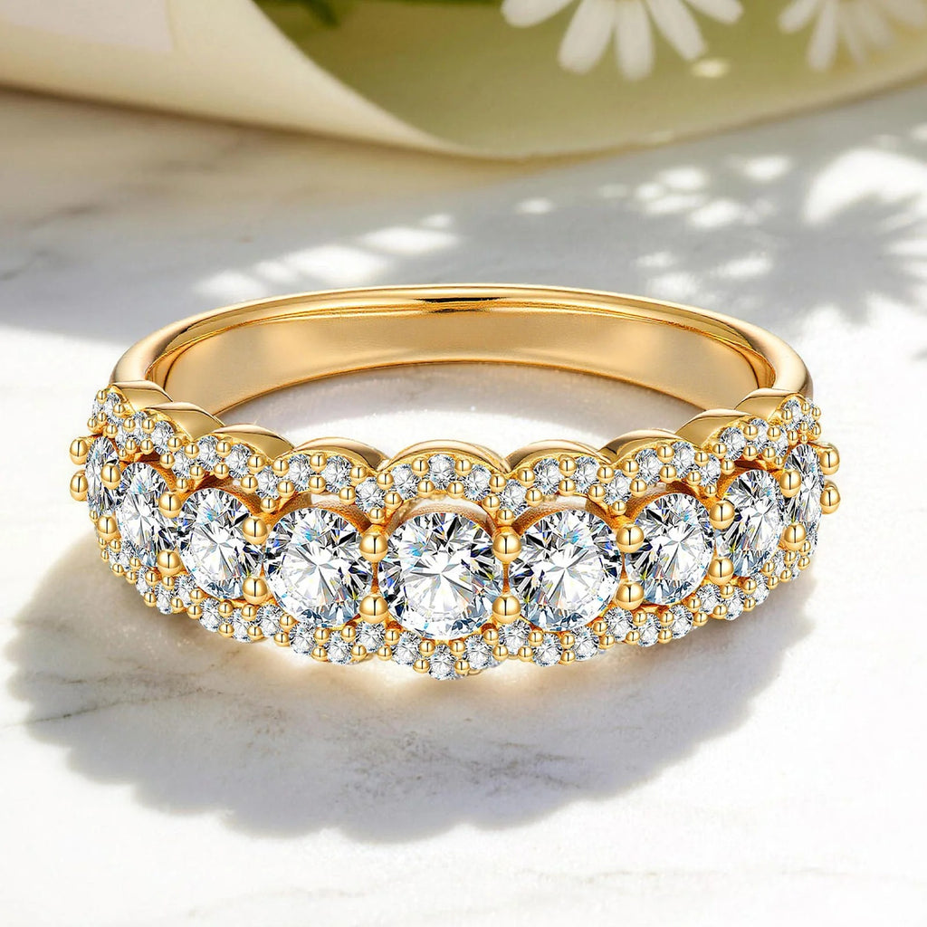 Round Brilliant Cut Vivid Violet Lab-Certified Purple Sapphire Half Eternity Ring – 14K Yellow Gold Plated