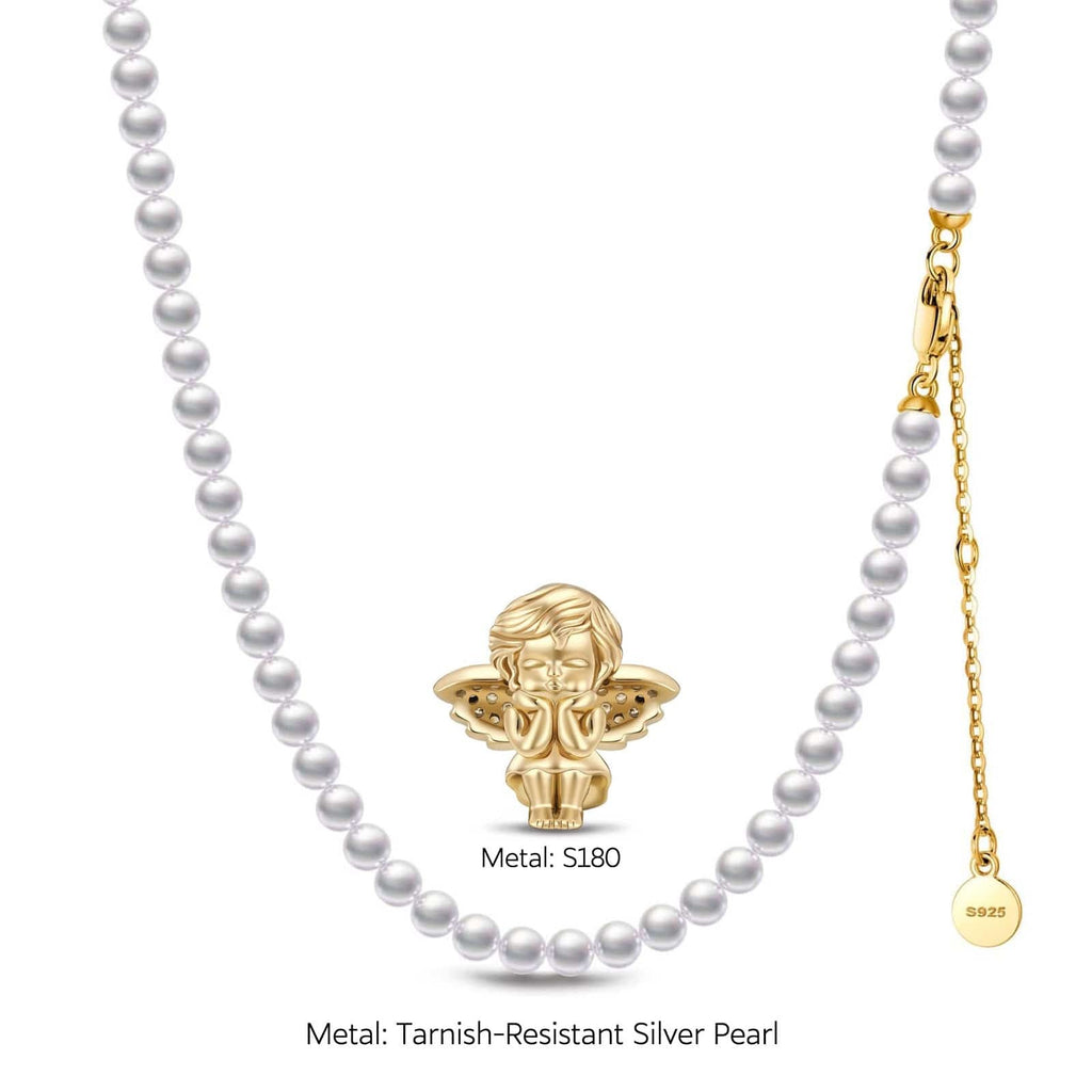 Horseshoe Tarnish-Resistant Silver Pearl Little Angel Charms Necklace Set – 14K Gold Plated