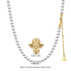 Horseshoe Tarnish-Resistant Silver Pearl Little Angel Charms Necklace Set – 14K Gold Plated