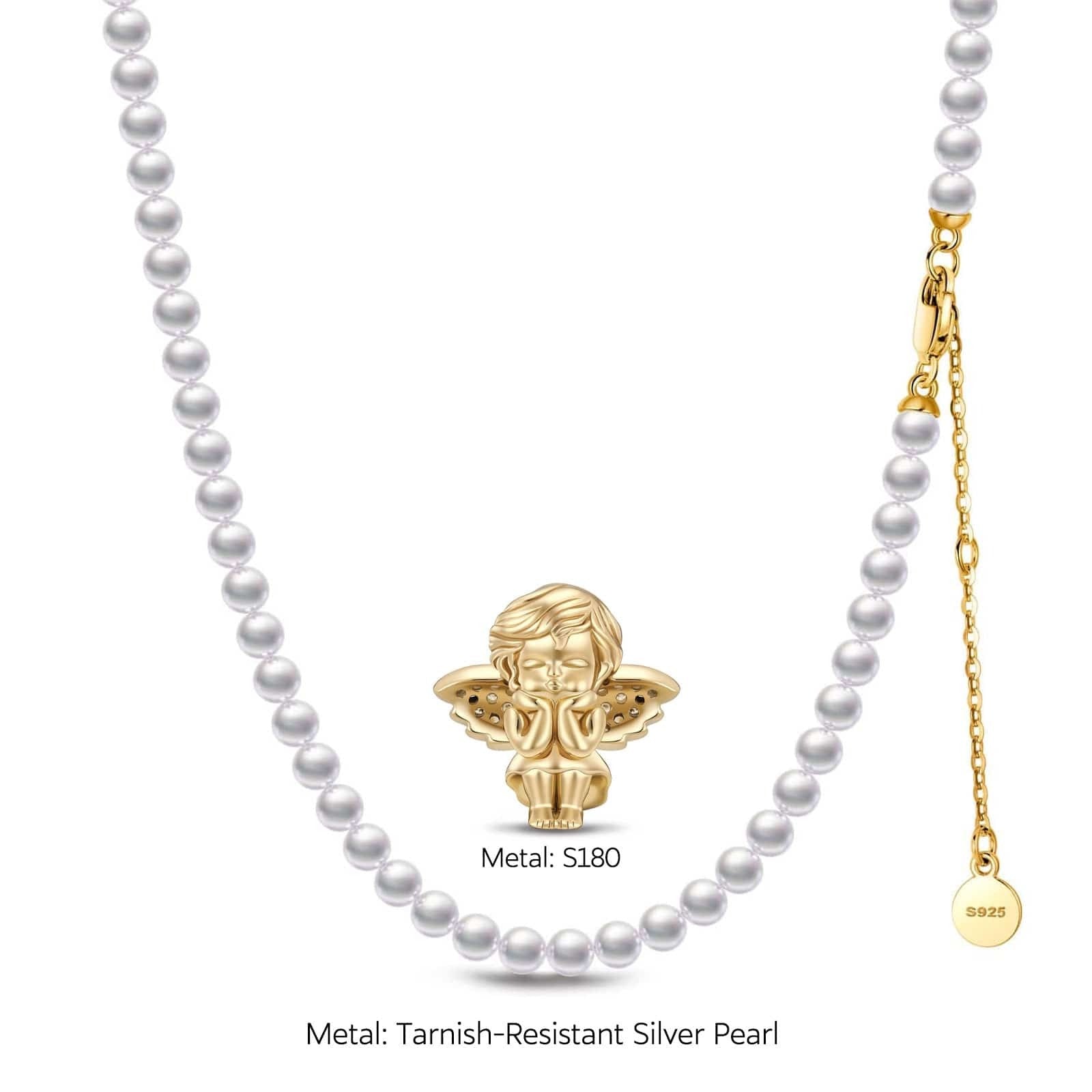 Horseshoe Tarnish-Resistant Silver Pearl Little Angel Charms Necklace Set – 14K Gold Plated