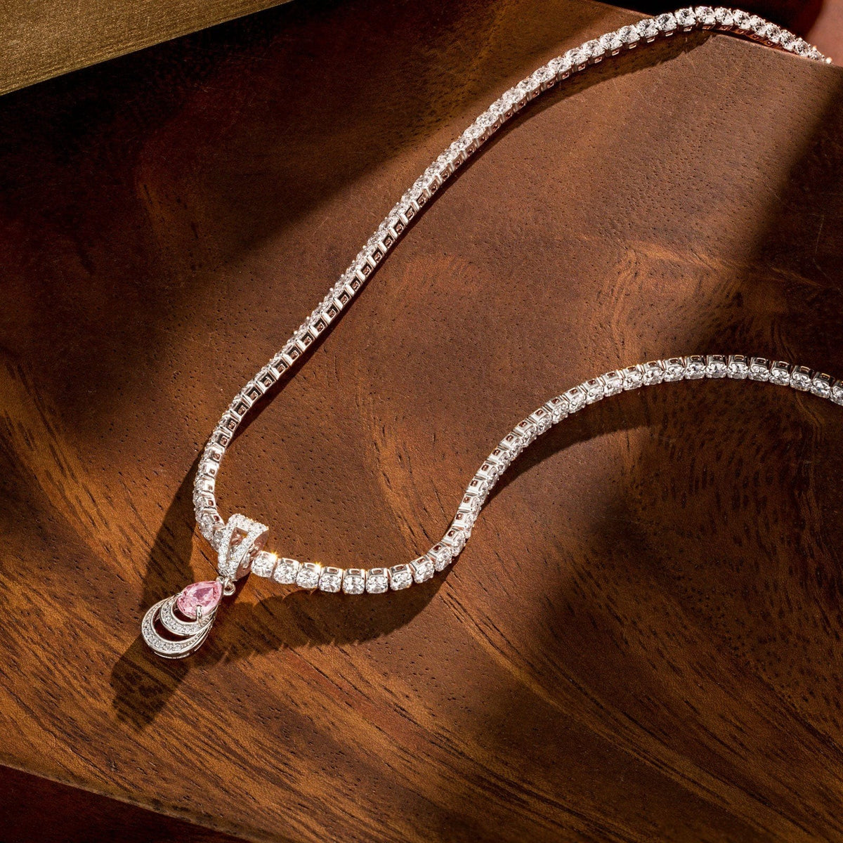 Sterling Silver Tennis Chain Mermaid’s Tear Charms Necklace Set – White Gold Plated