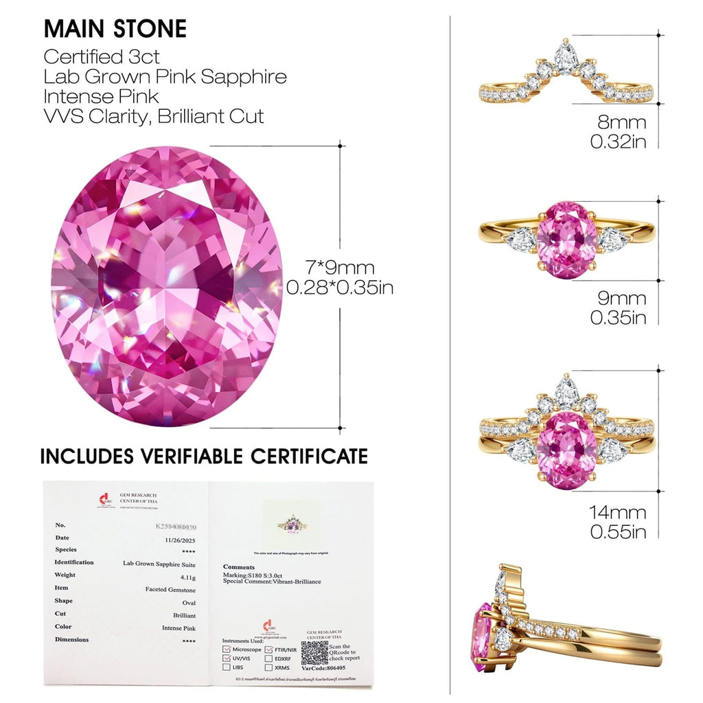 Oval Brilliant Cut Vivid Rose Lab-Certified Pink Sapphire Classic Stackable Ring Set – 14K Yellow Gold Plated