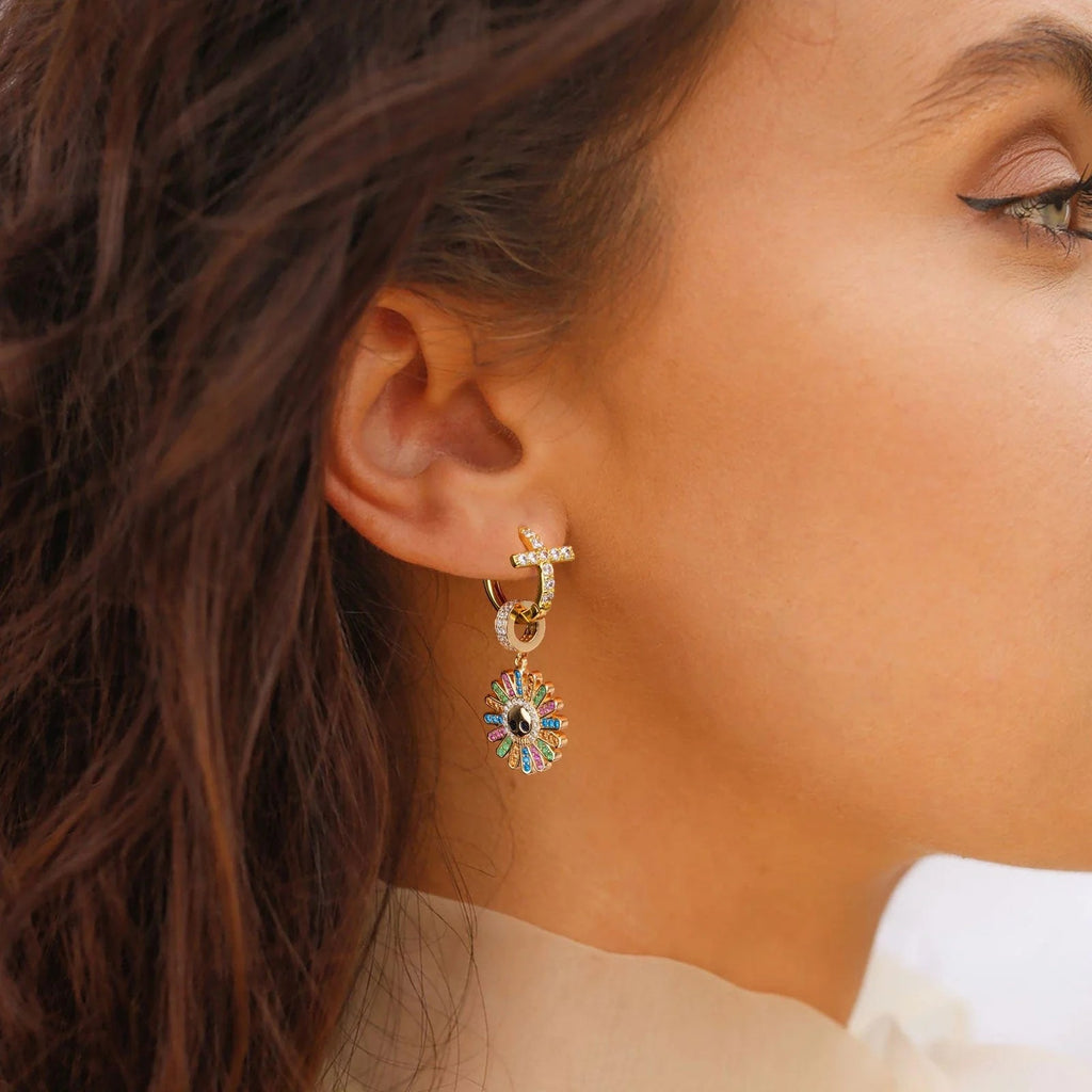 Sterling Silver Blossom on Bone Charms Earrings Set With Enamel In 14K Gold Plated