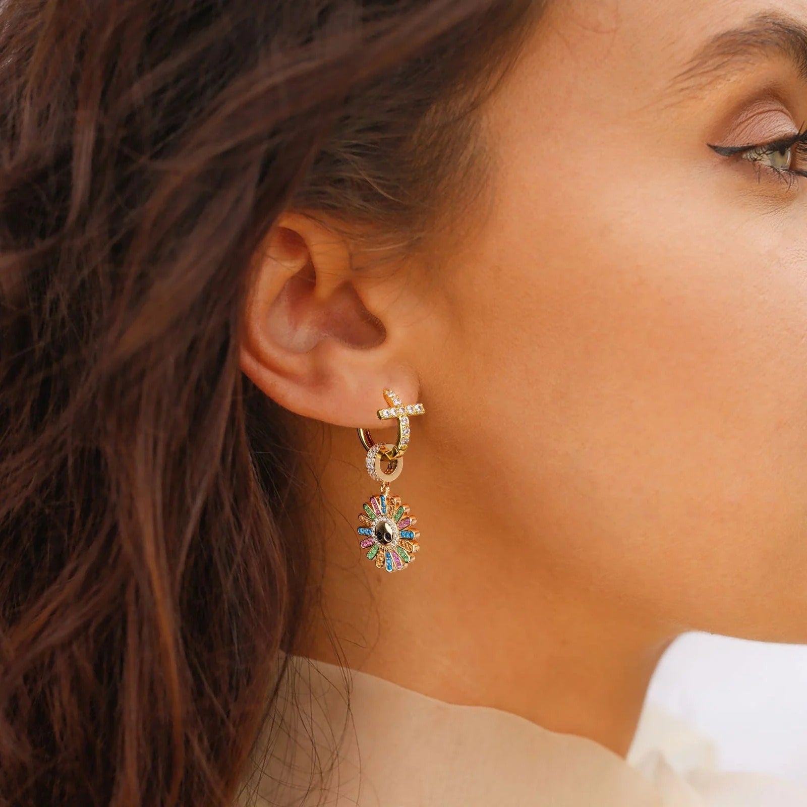 Sterling Silver Blossom on Bone Charms Earrings Set With Enamel In 14K Gold Plated