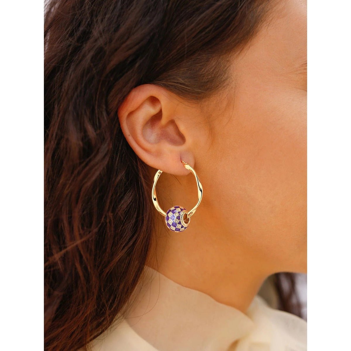 Purple Magic City Tarnish-Resistant Silver Charms Earrings Set M Size Classic Hoop Earrings with Sterling Silver Ear Post With Enamel In 14K Gold Plated