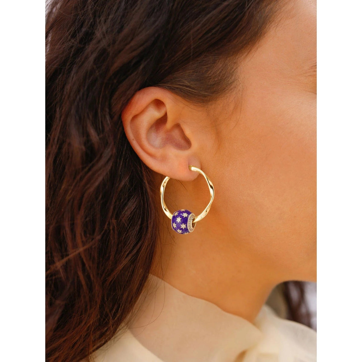 Violet Starry Sky Tarnish-Resistant Silver Charms Earrings Set L Size Classic Hoop Earrings with Sterling Silver Ear Post In 14K Gold Plated