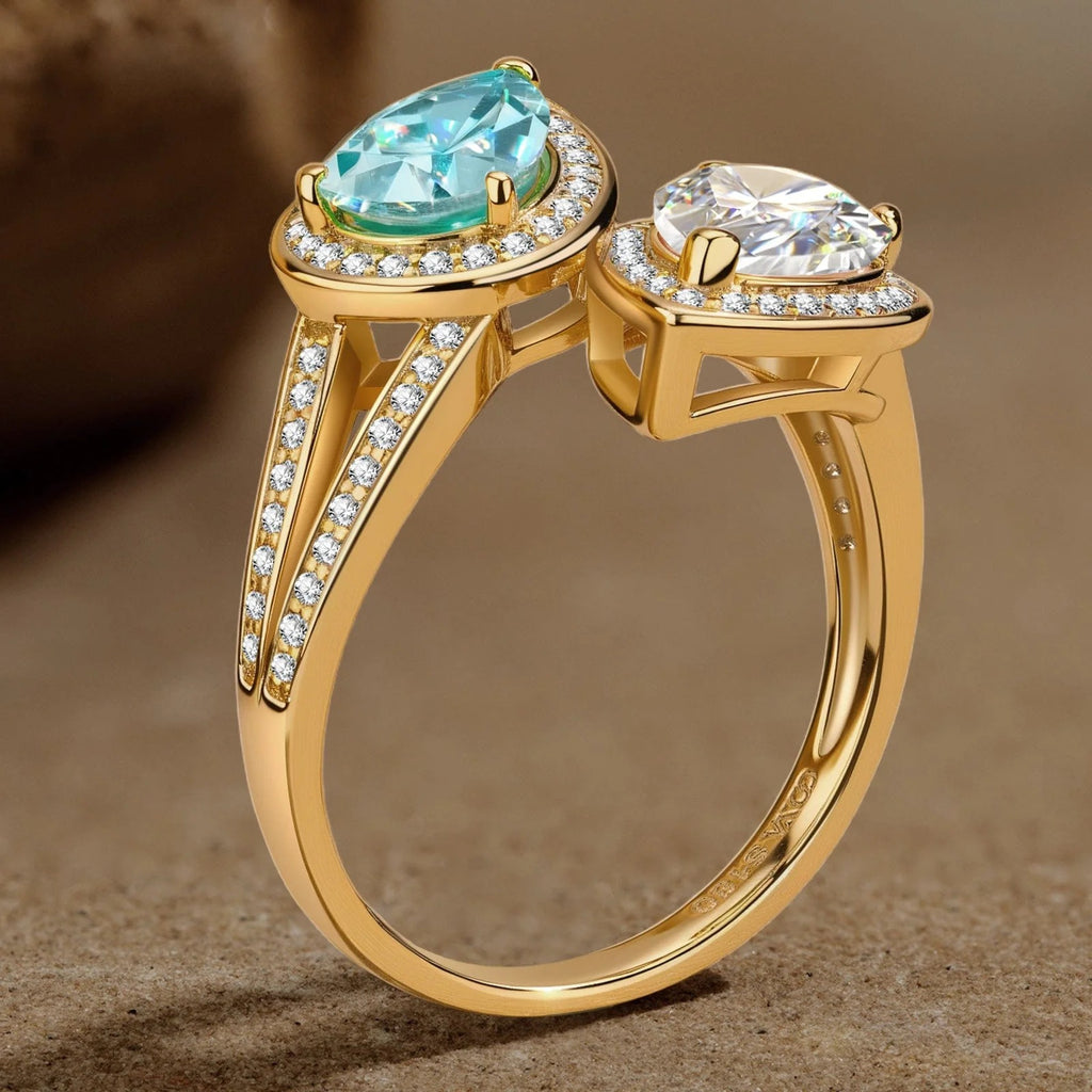 2.20ct Pear Brilliant Cut Lab-Certified Paraiba Tourmaline & Cubic Zirconia Two Stone Classic Engagement Ring – 14K Yellow Gold Plated