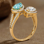 2.20ct Pear Brilliant Cut Lab-Certified Paraiba Tourmaline & Cubic Zirconia Two Stone Classic Engagement Ring – 14K Yellow Gold Plated