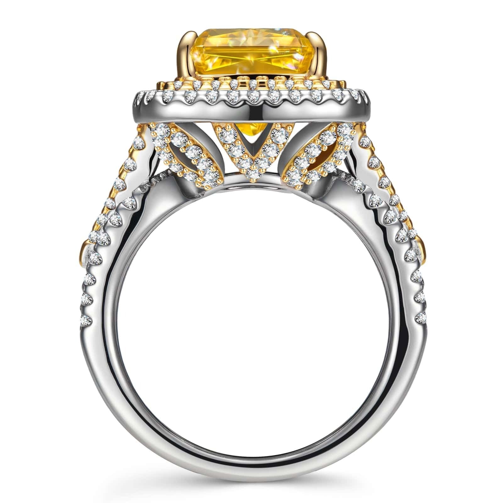 Radiant Modified Brilliant Cut Fancy Vivid Yellow Ice-Frosted Sparkle Lab Zircon Halo Classic Engagement Ring – White Gold Plated