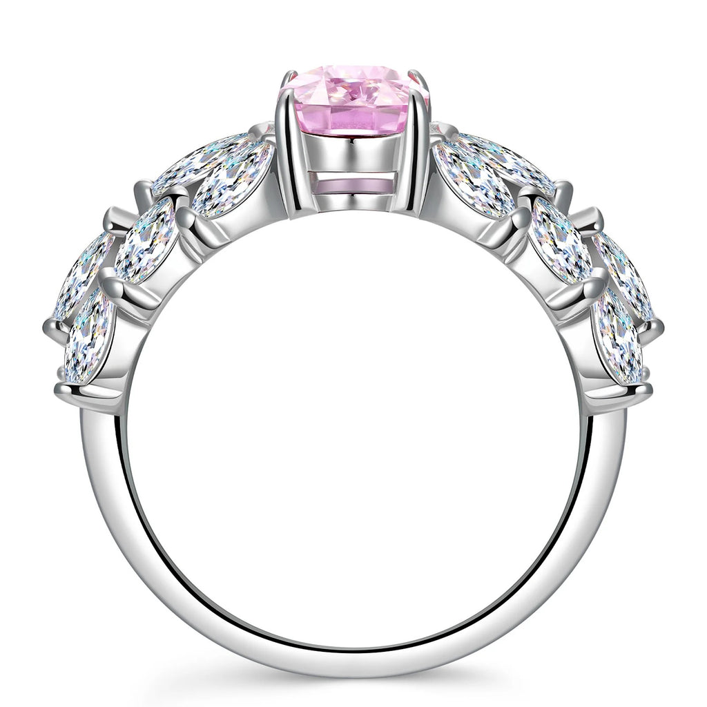 6×8mm Cushion Modified Brilliant Cut Fancy Vivid Pink Ice-Frosted Sparkle Lab Zircon Pavé Classic Engagement Ring – White Gold Plated