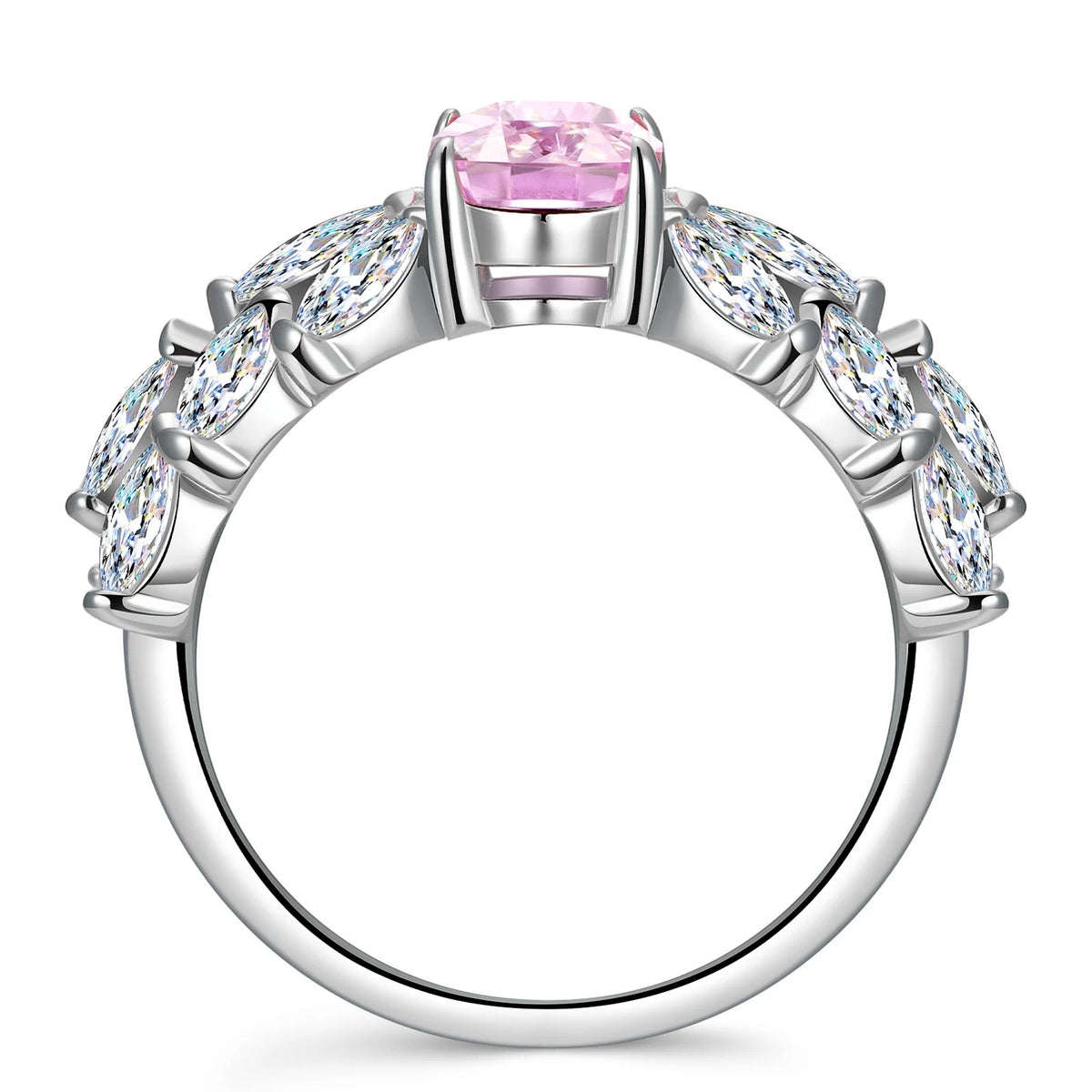 6×8mm Cushion Modified Brilliant Cut Fancy Vivid Pink Ice-Frosted Sparkle Lab Zircon Pavé Classic Engagement Ring – White Gold Plated