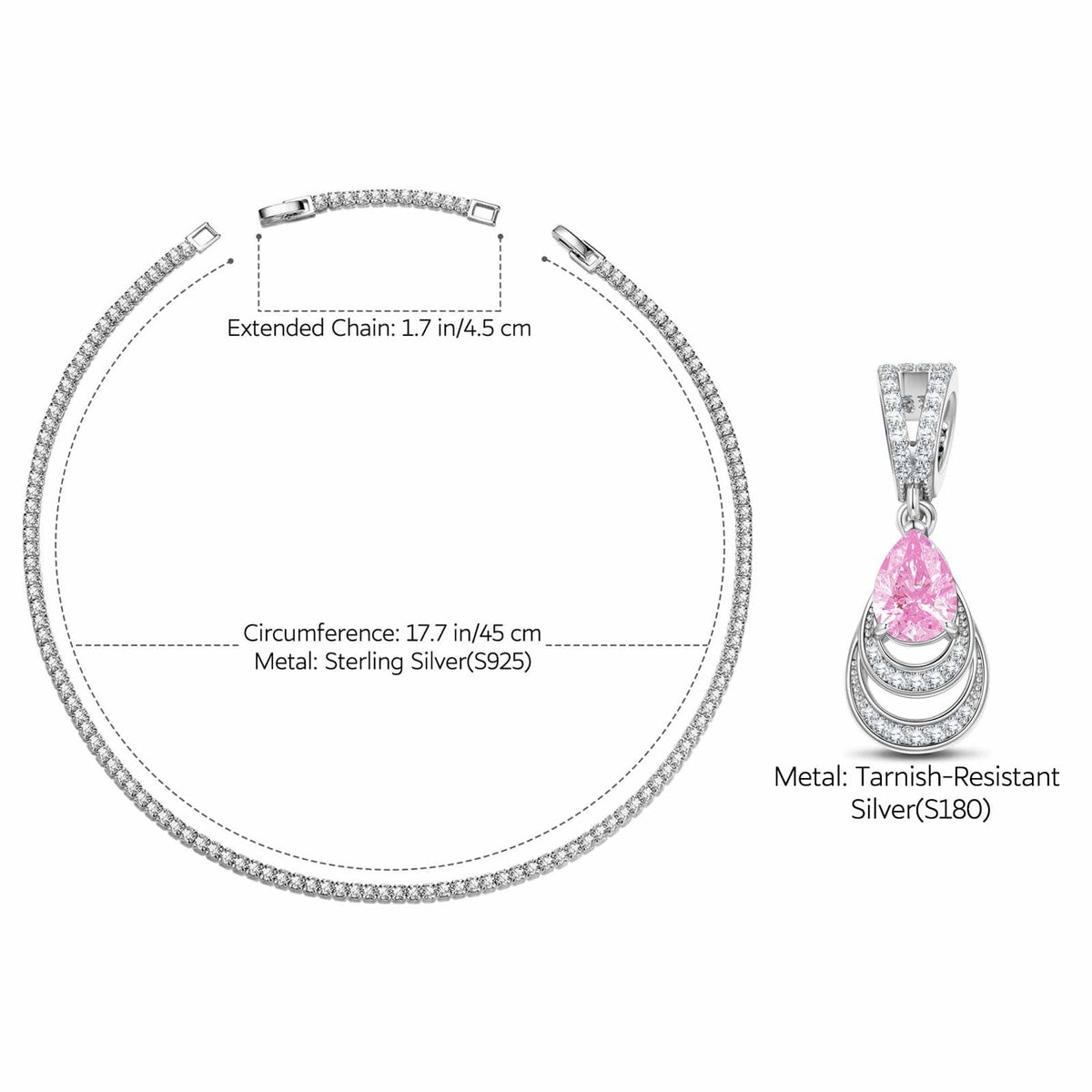 Sterling Silver Tennis Chain Mermaid’s Tear Charms Necklace Set – White Gold Plated
