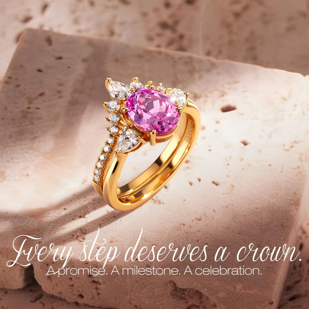 Oval Brilliant Cut Vivid Rose Lab-Certified Pink Sapphire Classic Stackable Ring Set – 14K Yellow Gold Plated