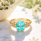 Oval Brilliant Cut Paraiba Tourmaline Pavé Engagement Ring – 14K Yellow Gold Plated