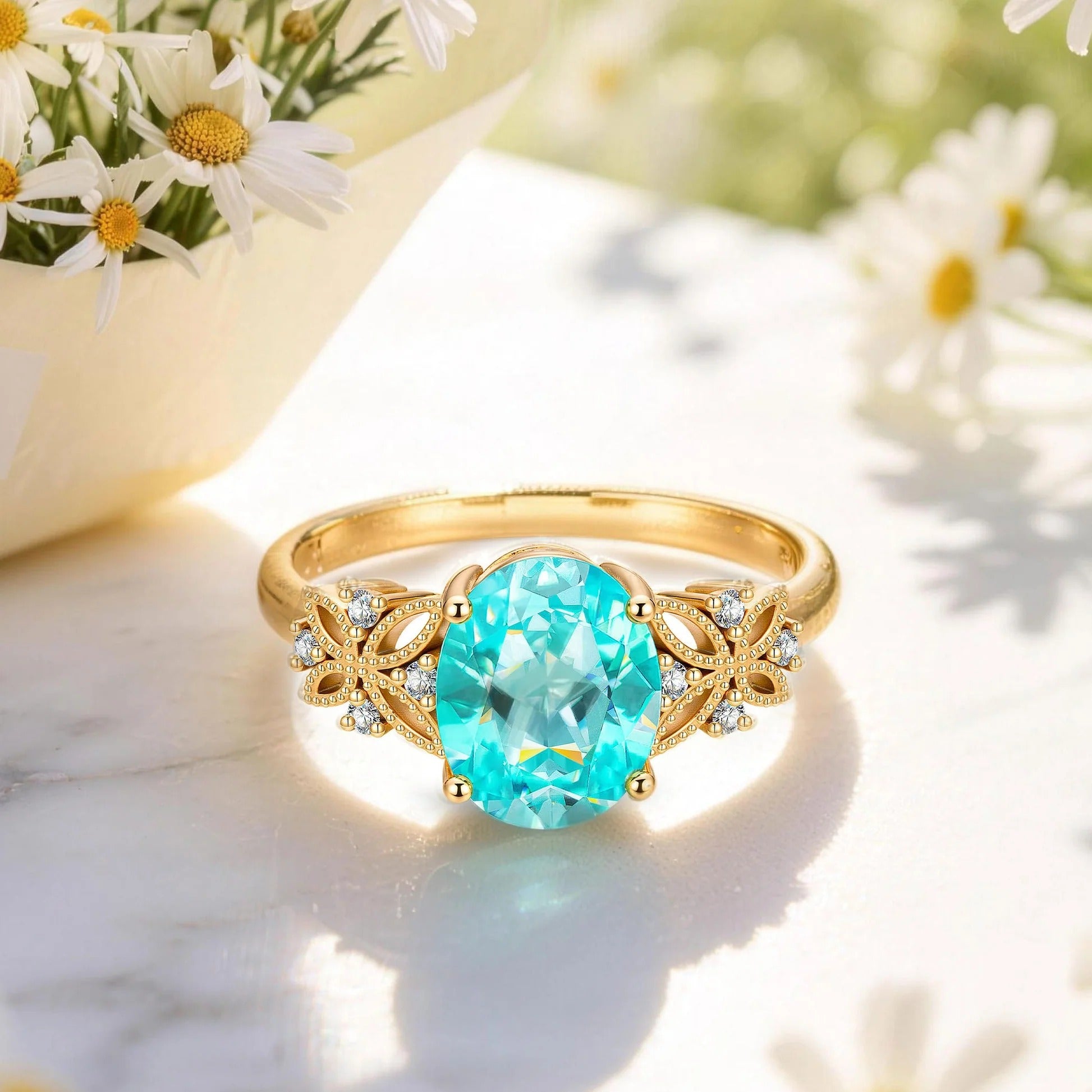 Oval Brilliant Cut Paraiba Tourmaline Pavé Engagement Ring – 14K Yellow Gold Plated