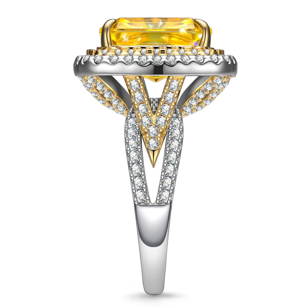 Radiant Modified Brilliant Cut Fancy Vivid Yellow Ice-Frosted Sparkle Lab Zircon Halo Classic Engagement Ring – White Gold Plated