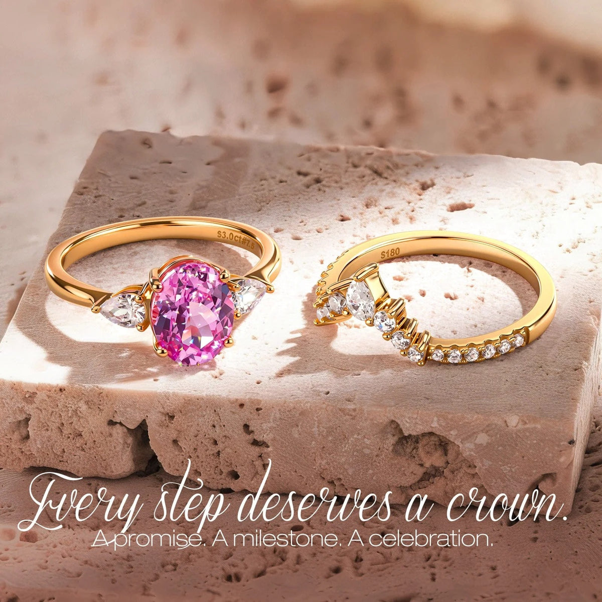 Oval Brilliant Cut Vivid Rose Lab-Certified Pink Sapphire Classic Stackable Ring Set – 14K Yellow Gold Plated