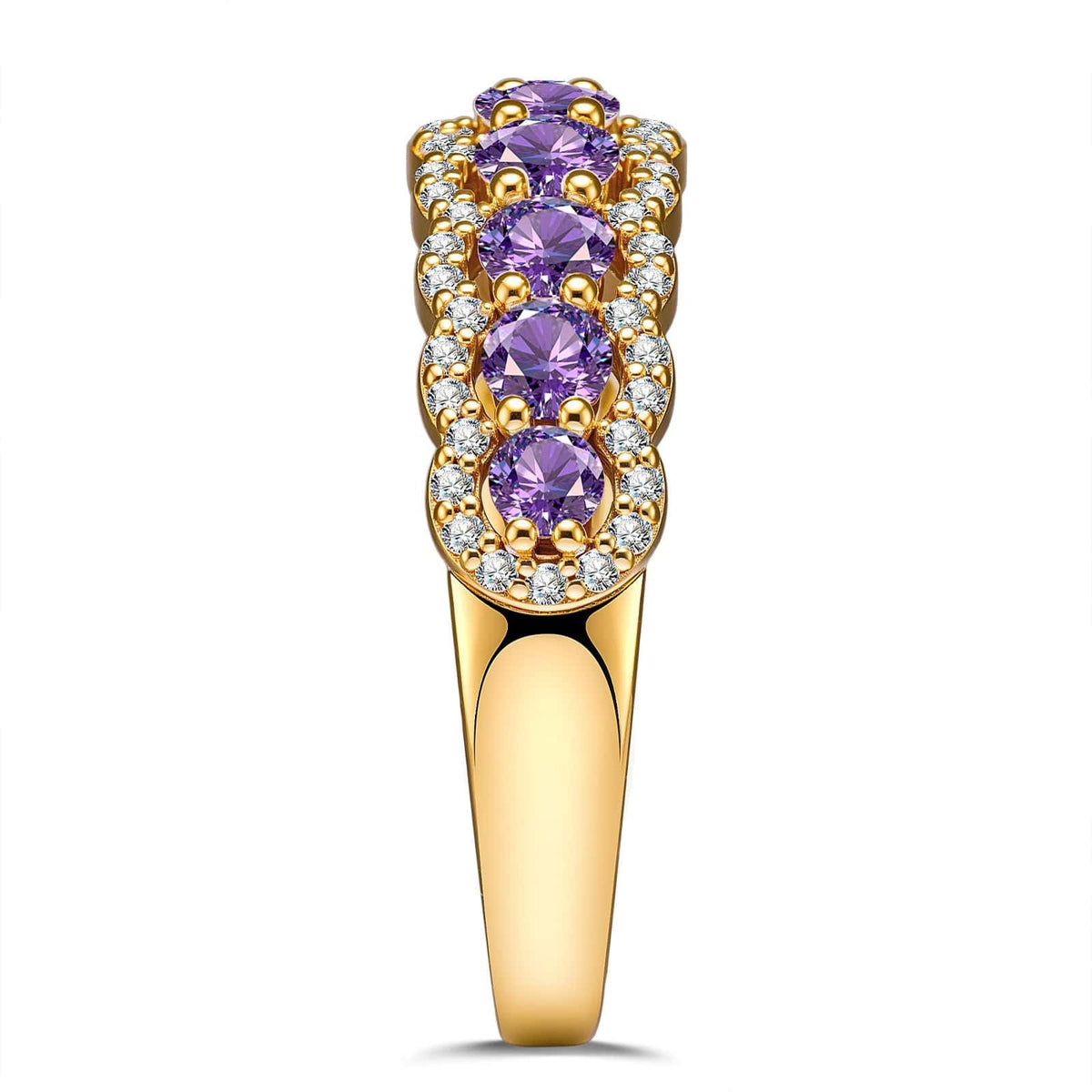 Round Brilliant Cut Vivid Violet Lab-Certified Purple Sapphire Half Eternity Ring – 14K Yellow Gold Plated