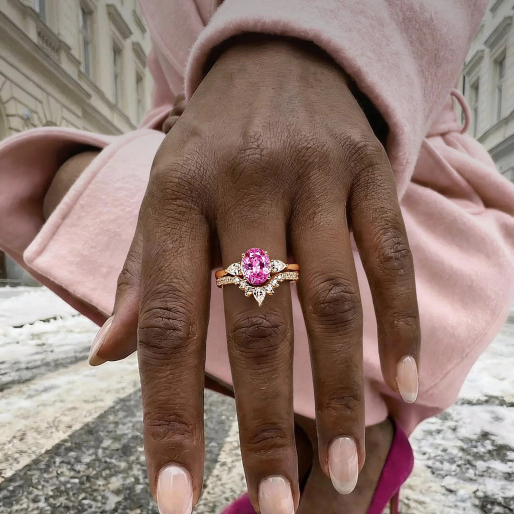 Oval Brilliant Cut Vivid Rose Lab-Certified Pink Sapphire Classic Stackable Ring Set – 14K Yellow Gold Plated