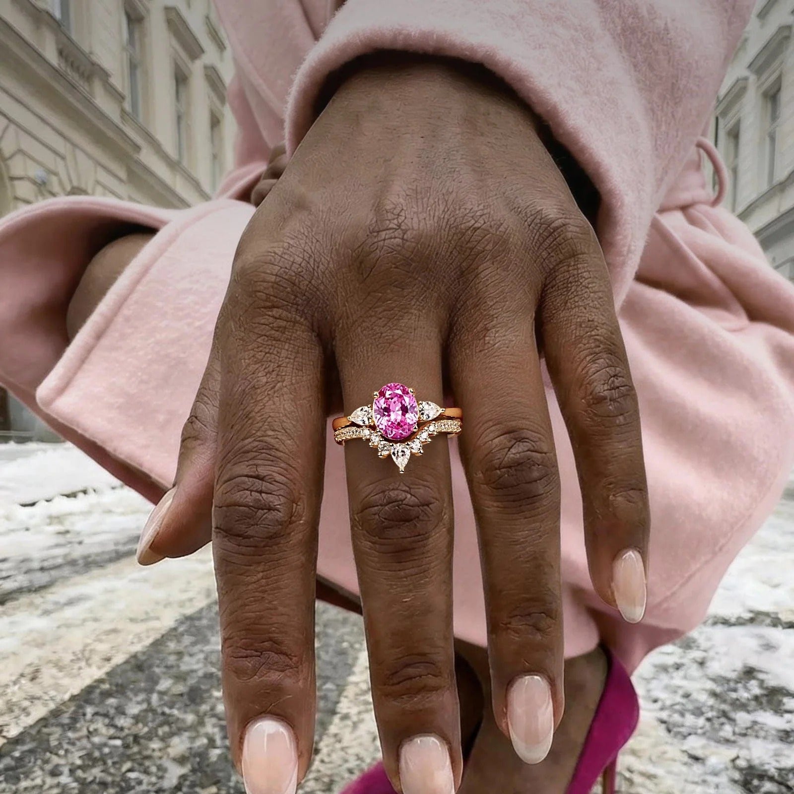 Oval Brilliant Cut Vivid Rose Lab-Certified Pink Sapphire Classic Stackable Ring Set – 14K Yellow Gold Plated