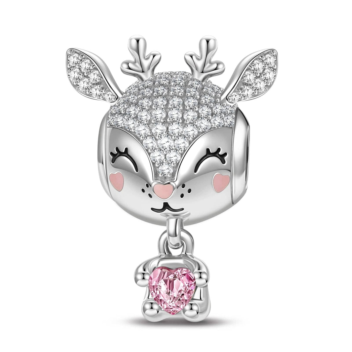 Baby Reindeer Tarnish-Resistant Silver Animal Dangle Charms With Enamel In White Gold Plated - Heartful Hugs Collection