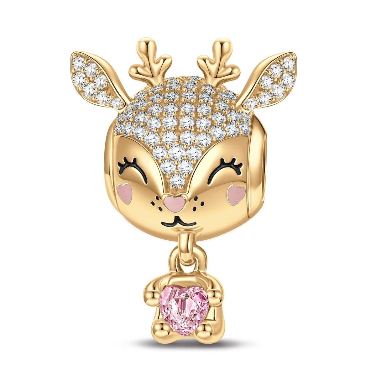 Baby Reindeer Tarnish-Resistant Silver Animal Dangle Charms With Enamel In White Gold Plated - Heartful Hugs Collection