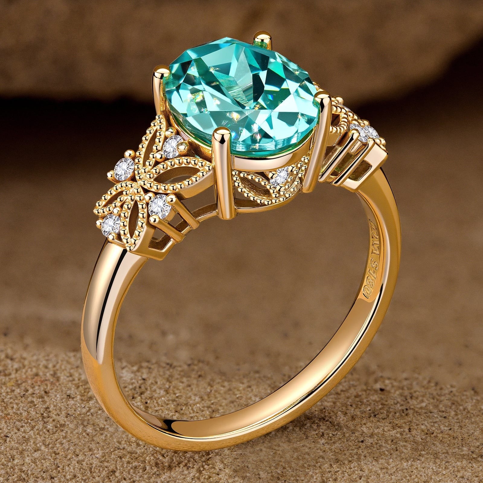 Oval Brilliant Cut Paraiba Tourmaline Pavé Engagement Ring – 14K Yellow Gold Plated