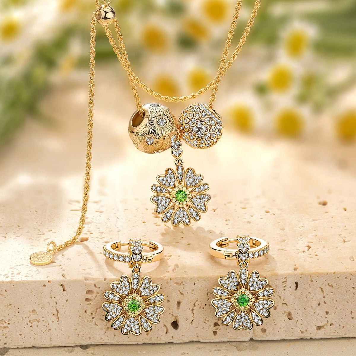 Sterling Silver Adjustable Rope Chain Blossoming Brilliance Charms Necklace & Earrings Set – 14K Gold Plated