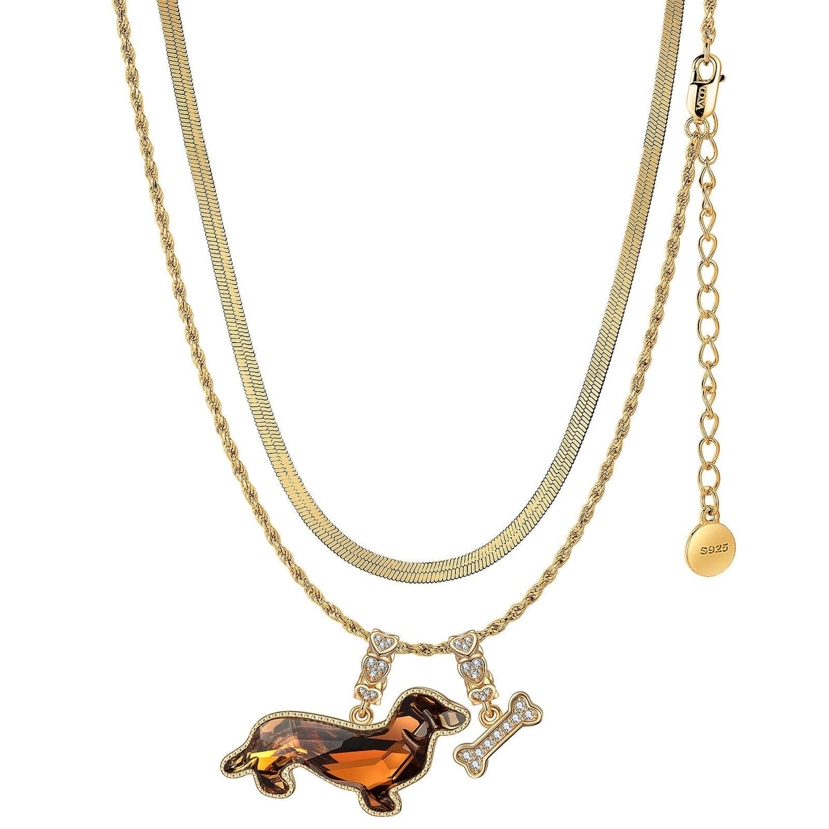 Sterling Silver Puppy Parade Charms Necklace Set with Crystal from Swarovski – 14K Gold Plated