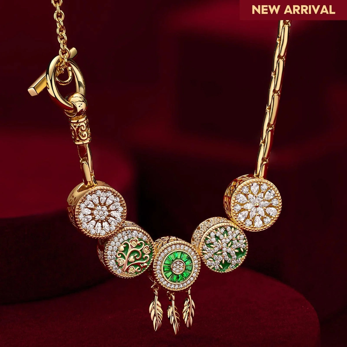 Sterling Silver Dreamweaving in Greenery Enamel Charms Necklace Set – 14K Gold Plated
