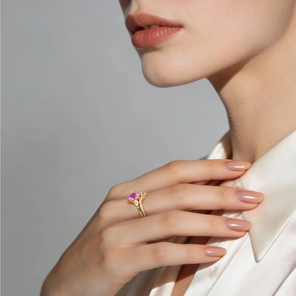 Oval Brilliant Cut Vivid Rose Lab-Certified Pink Sapphire Classic Stackable Ring Set – 14K Yellow Gold Plated