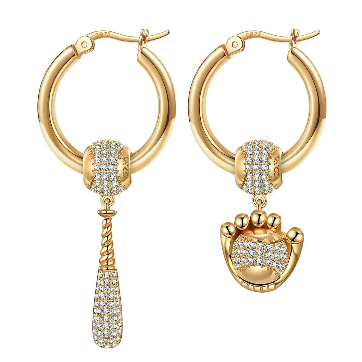 Sterling Silver Vitality of Baseball Charms Earrings Set In 14K Gold Plated
