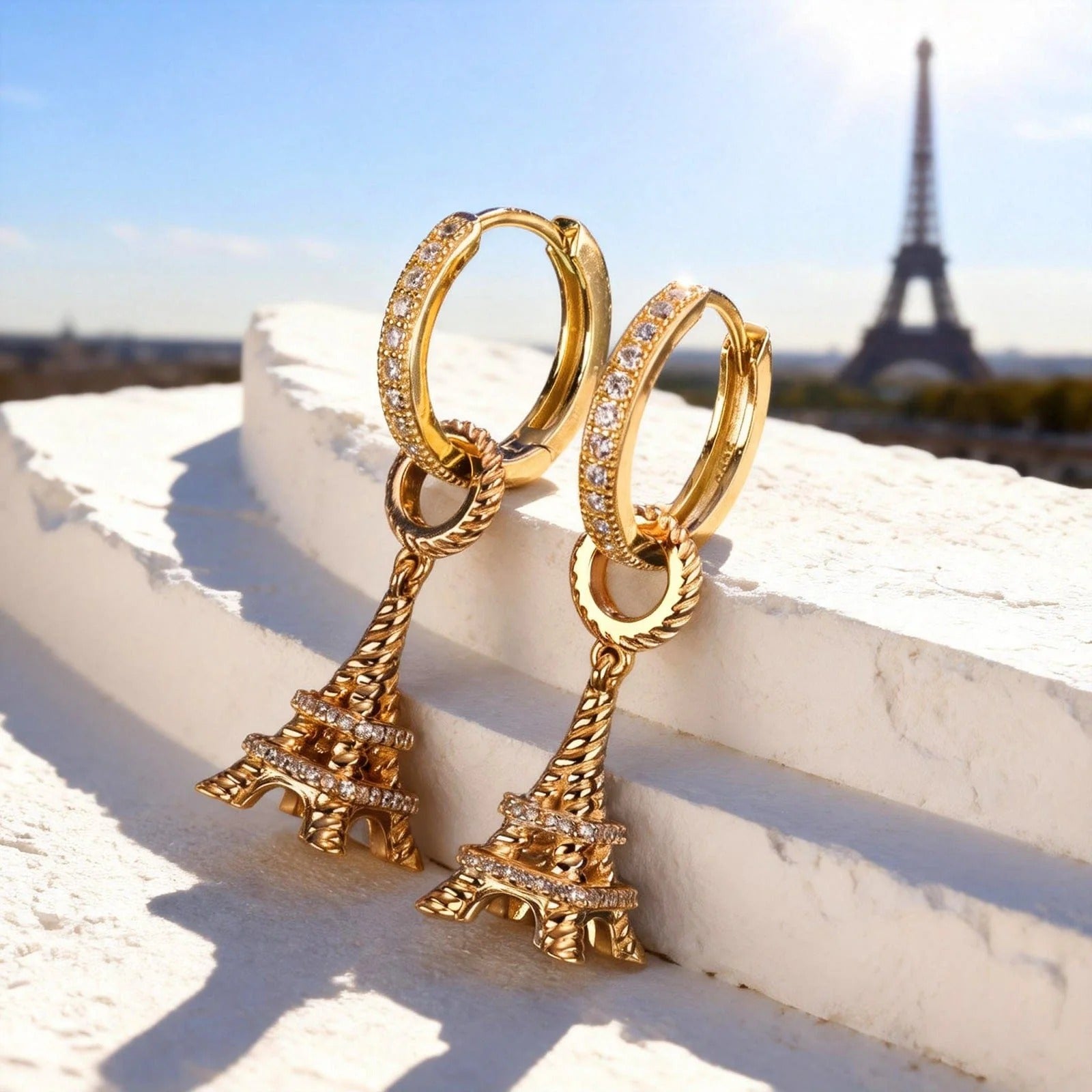 Sterling Silver Vitality of Paris Charms Earrings Set In 14K Gold Plated
