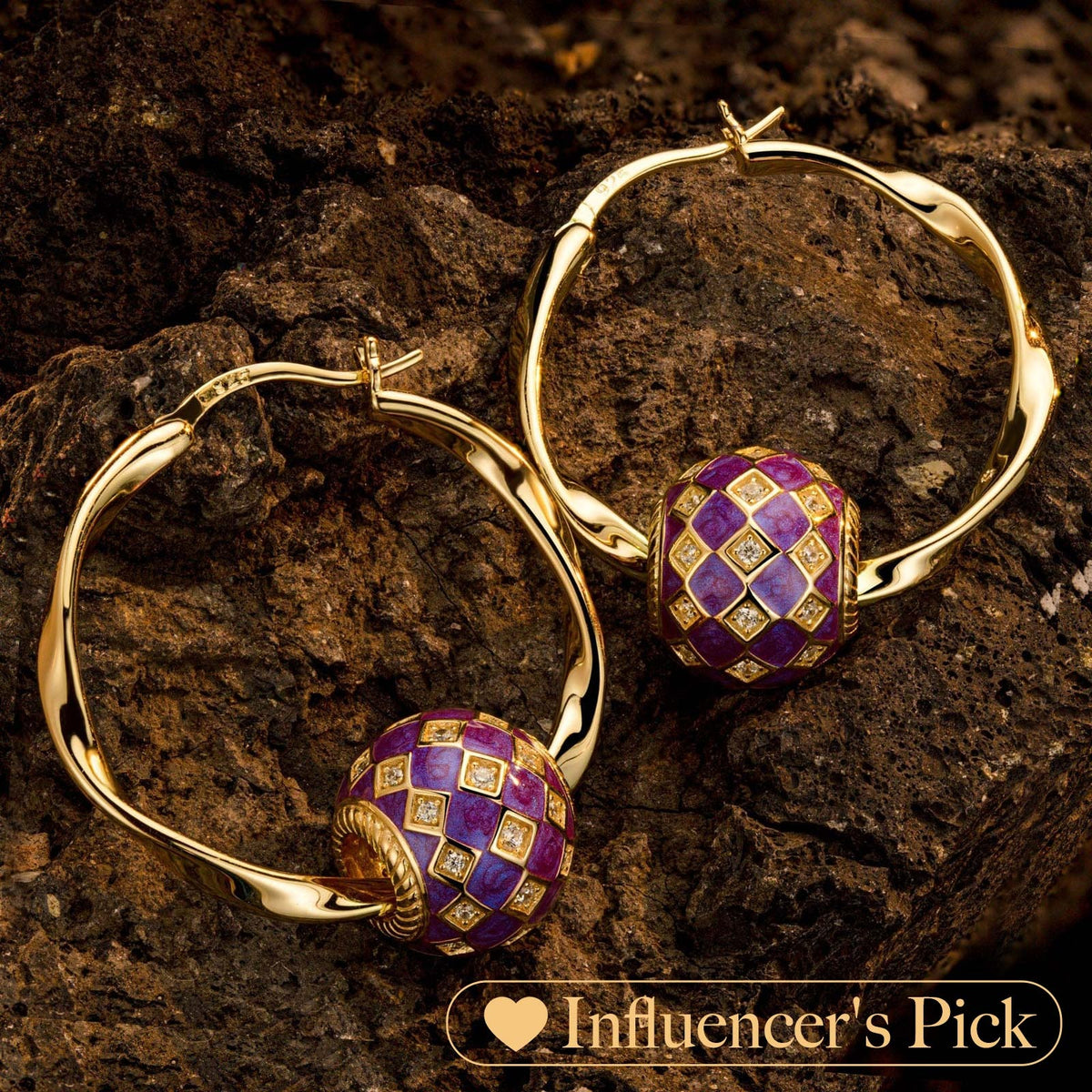 Purple Magic City Tarnish-Resistant Silver Charms Earrings Set M Size Classic Hoop Earrings with Sterling Silver Ear Post With Enamel In 14K Gold Plated