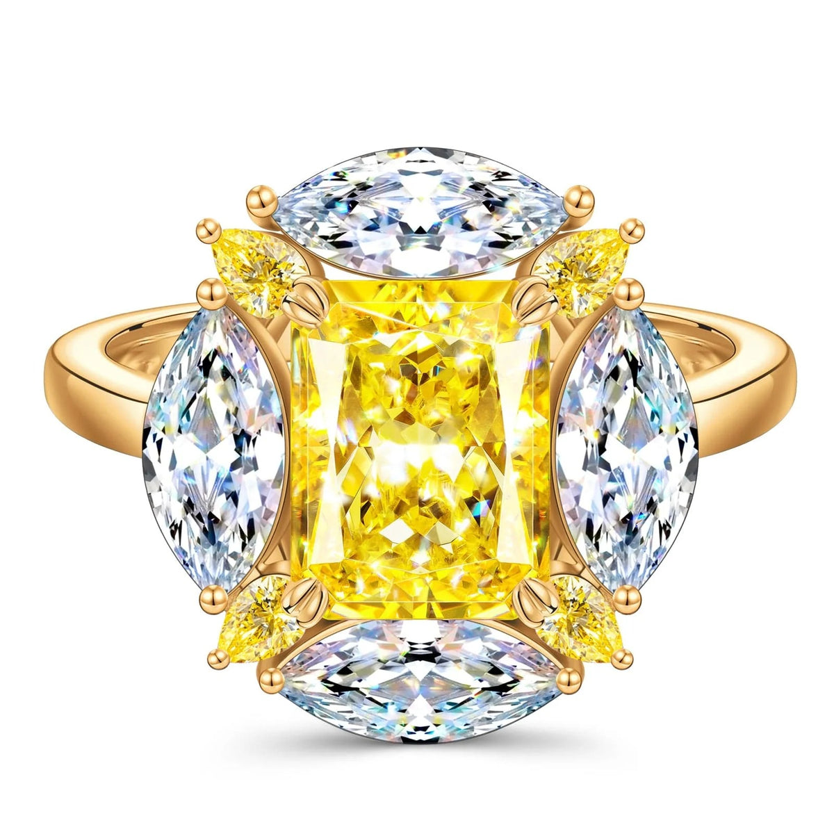 Cushion Modified Brilliant Cut Fancy Vivid Yellow Ice-Frosted Sparkle Lab Zircon Halo Classic Engagement Ring – 14K Yellow Gold Plated