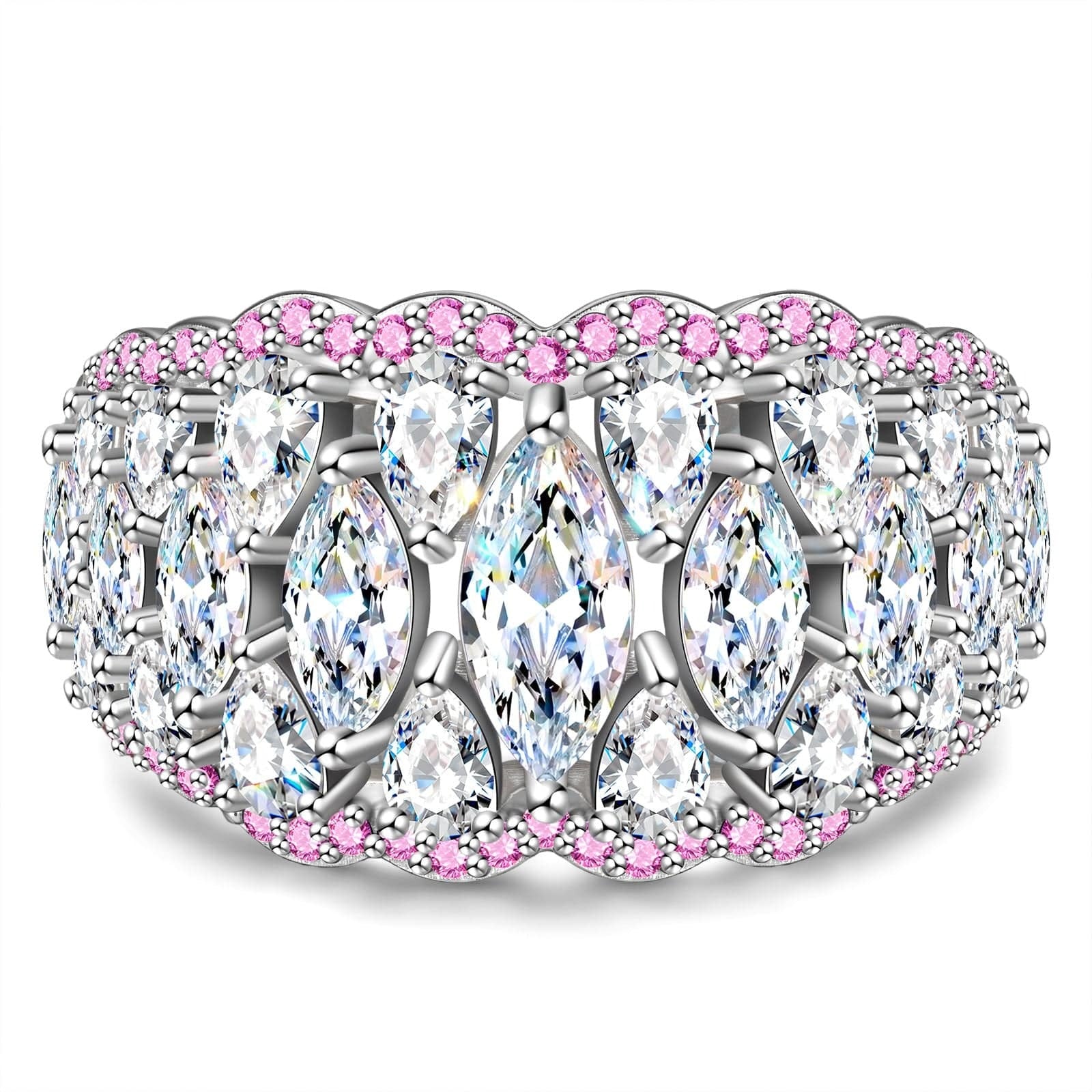 4×8mm Marquise Brilliant Cut Lab Zircon Pavé Classic Engagement Ring – White Gold Plated