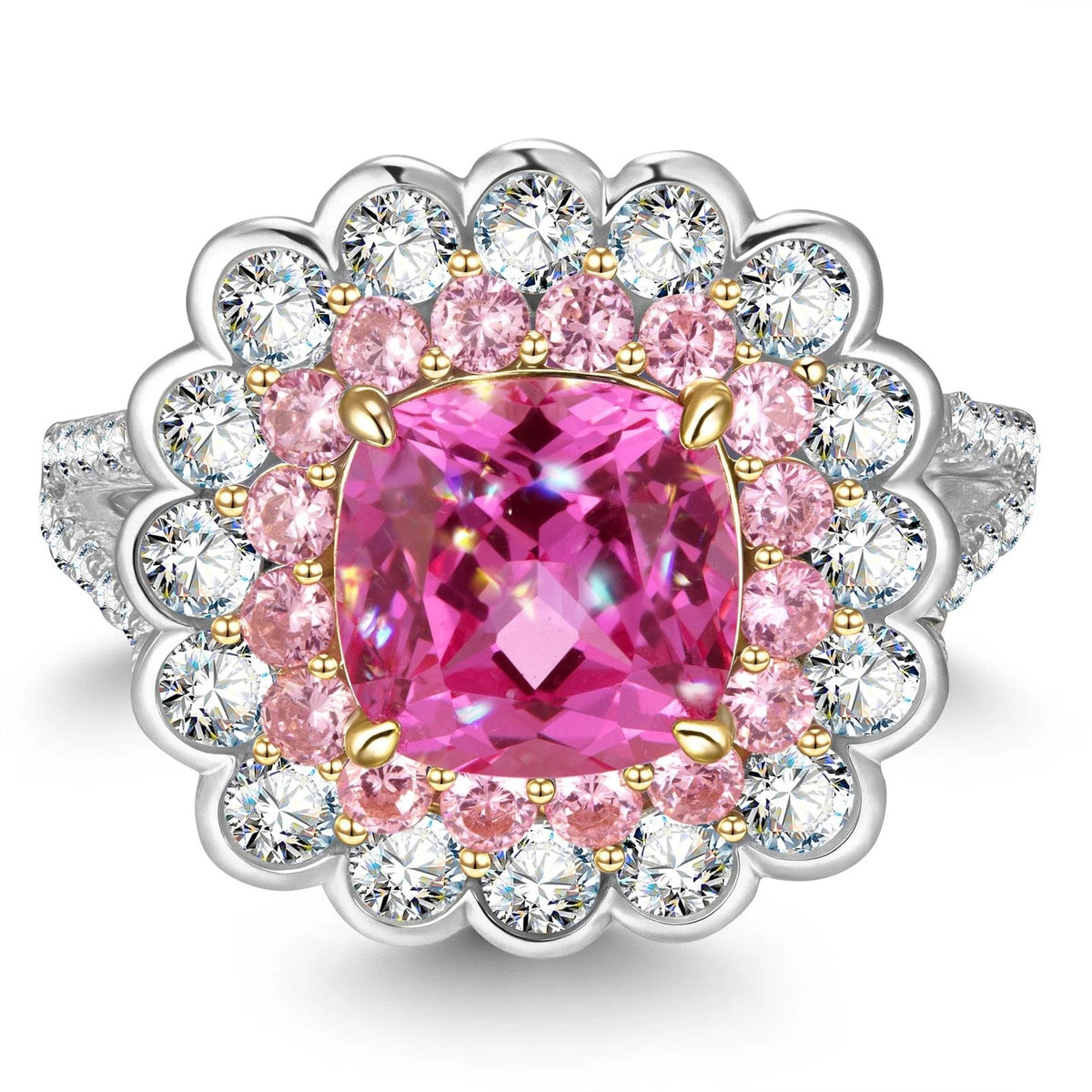 Cushion Cut Fancy Vivid Rose Lab-Certified Pink Sapphire Halo Classic Engagement Ring – Two-Tone Plating