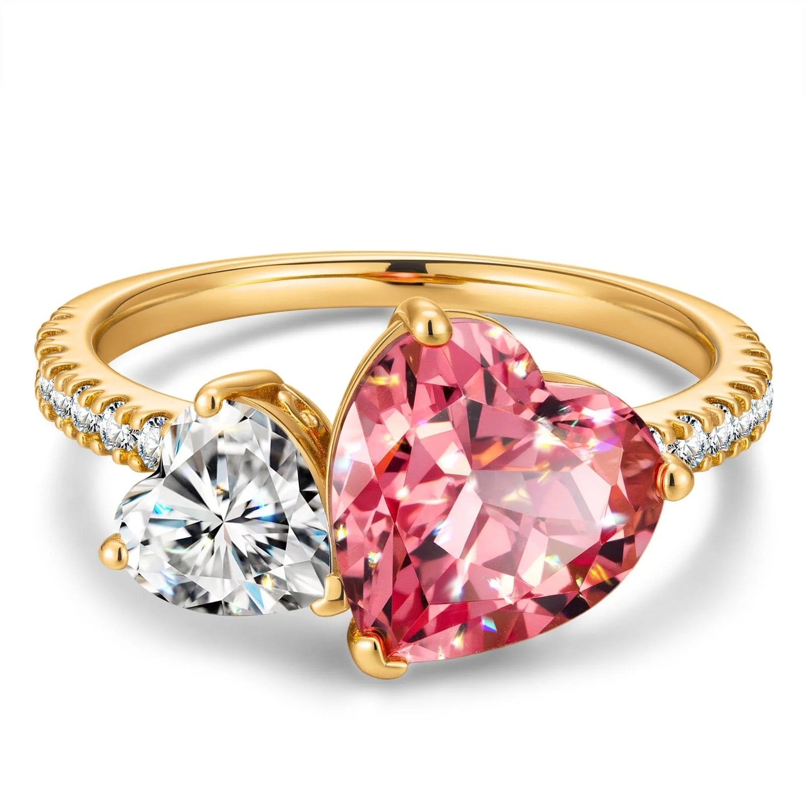 Heart Brilliant Cut Lab-Certified Padparadscha Sapphire & Moissanite Two Stone Classic Engagement Ring – 14K Yellow Gold Plated