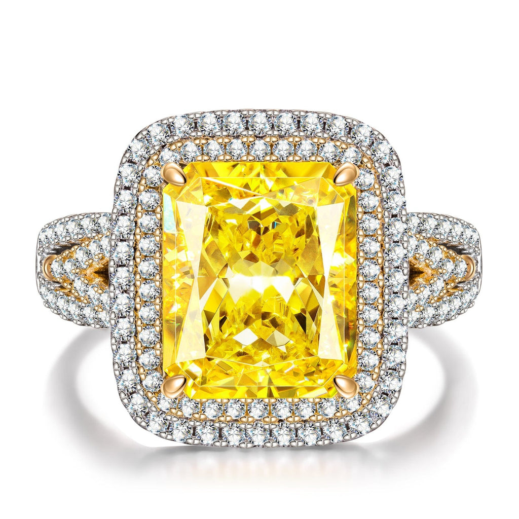 Radiant Modified Brilliant Cut Fancy Vivid Yellow Ice-Frosted Sparkle Lab Zircon Halo Classic Engagement Ring – White Gold Plated