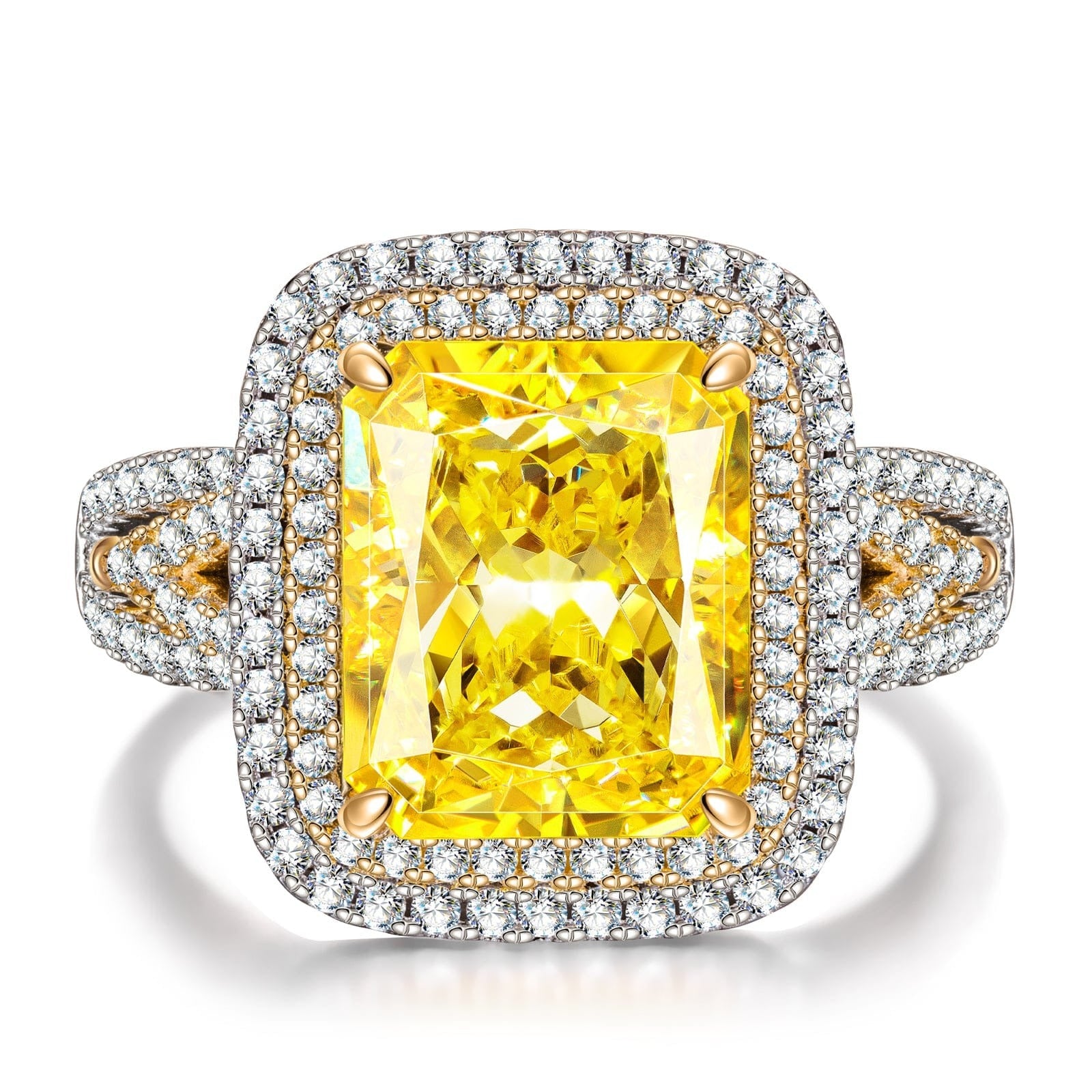 Radiant Modified Brilliant Cut Fancy Vivid Yellow Ice-Frosted Sparkle Lab Zircon Halo Classic Engagement Ring – White Gold Plated