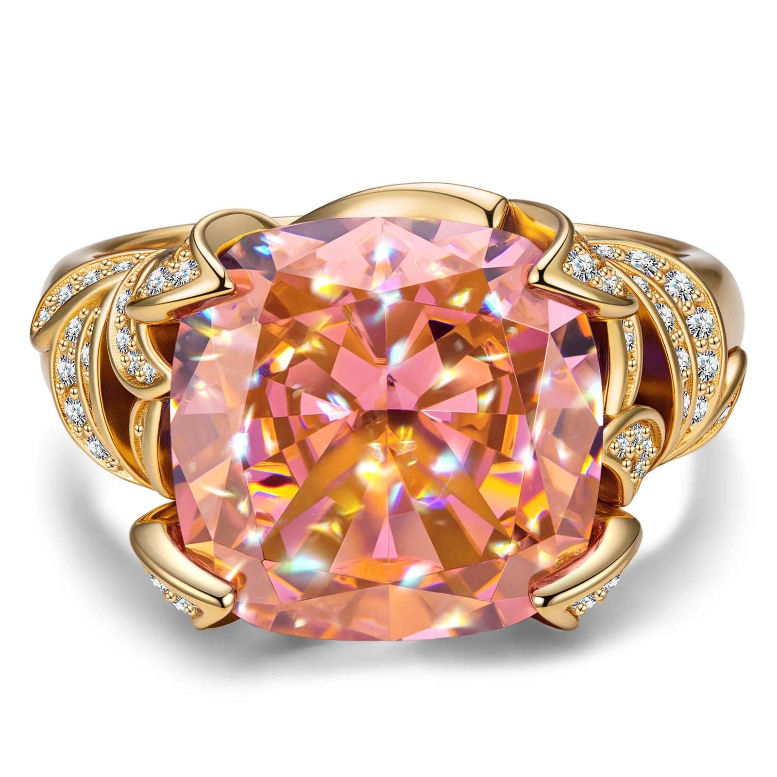 12x12mm Cushion Modified Brilliant Cut Ice-Frosted Sparkle Lab Zircon Pavé Classic Engagement Ring – 14K Yellow Gold Plated